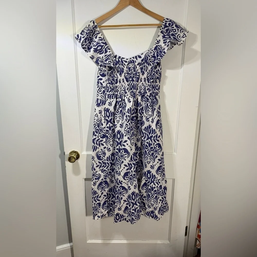 Blue and White Ruffled Midi Sundress with Flutter Cap Sleeves -Made in Italy